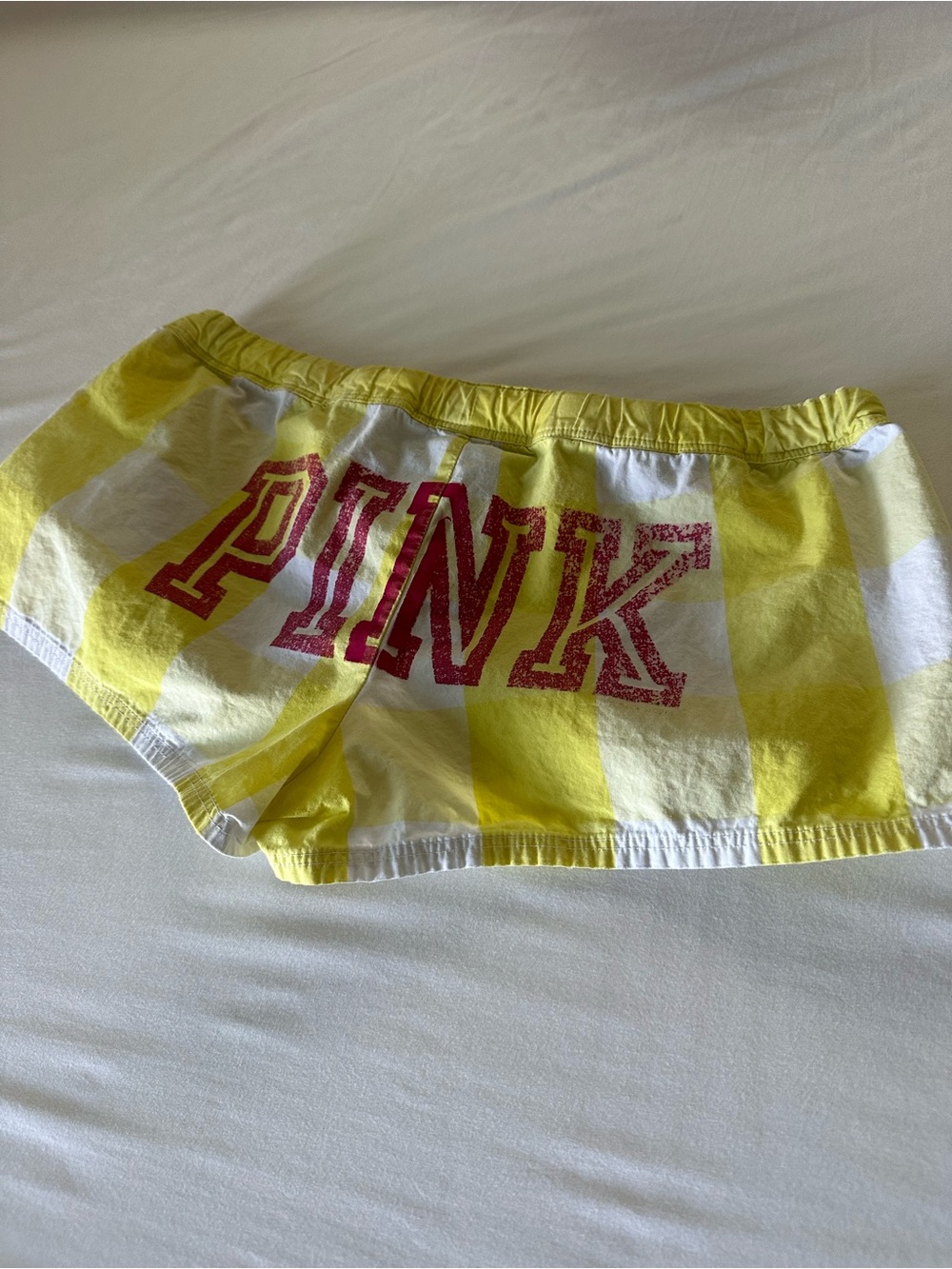 PINK Victoria's Secret Yellow and White Check Lounge Shorts with Pink Logo